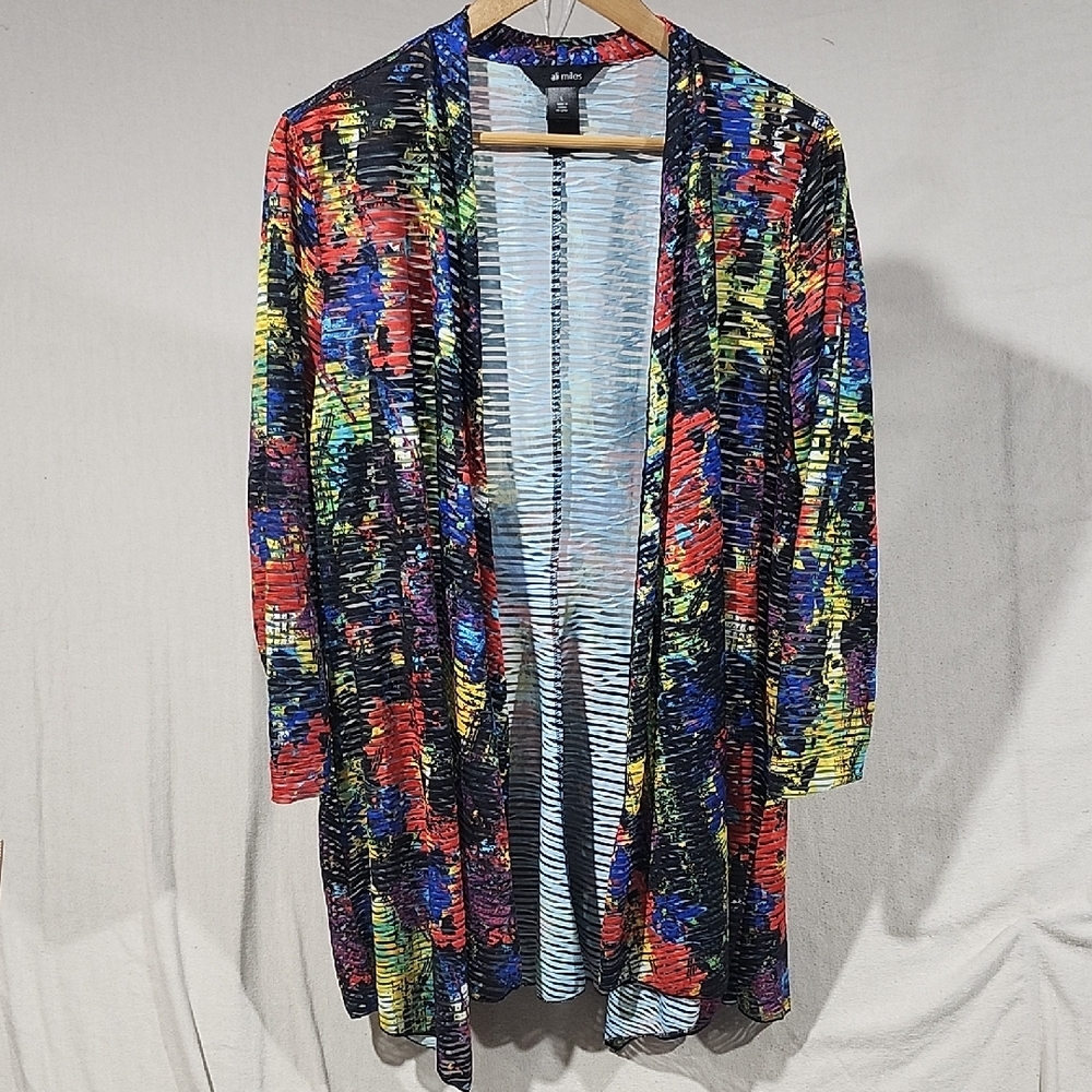 Ali Miles Multicolor Sheer Abstract Open Cardigan Flowy Lightweight‎ Women L